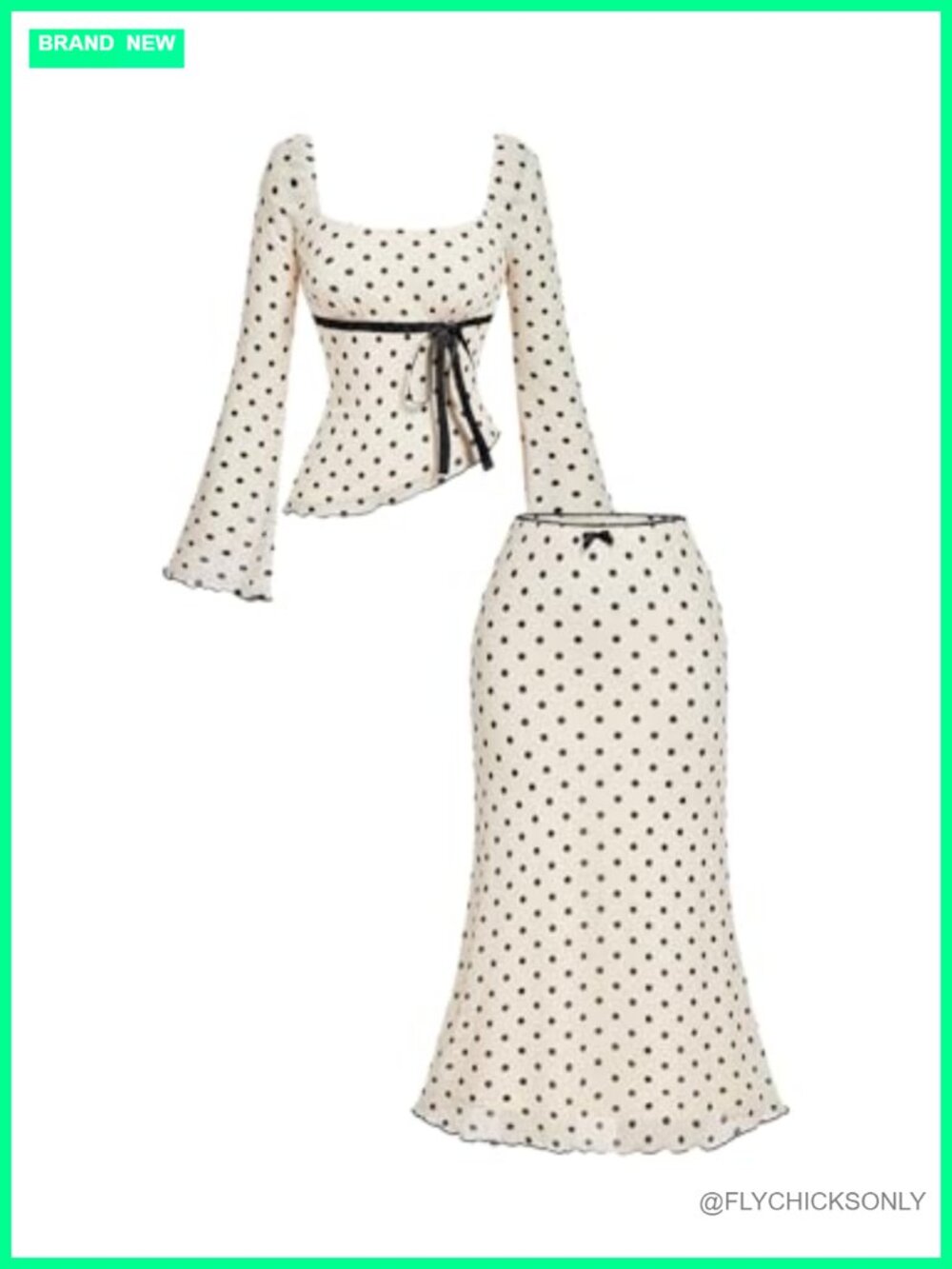 Polka Dots Long Sleeve Peplum Top and Mesh Skirt Set